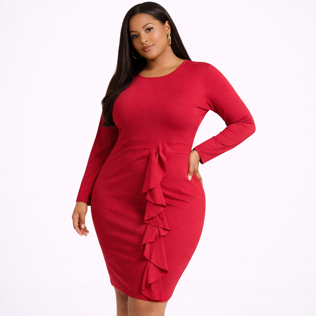 Red Long Sleeve Ruffle Bodycon Mini Dress